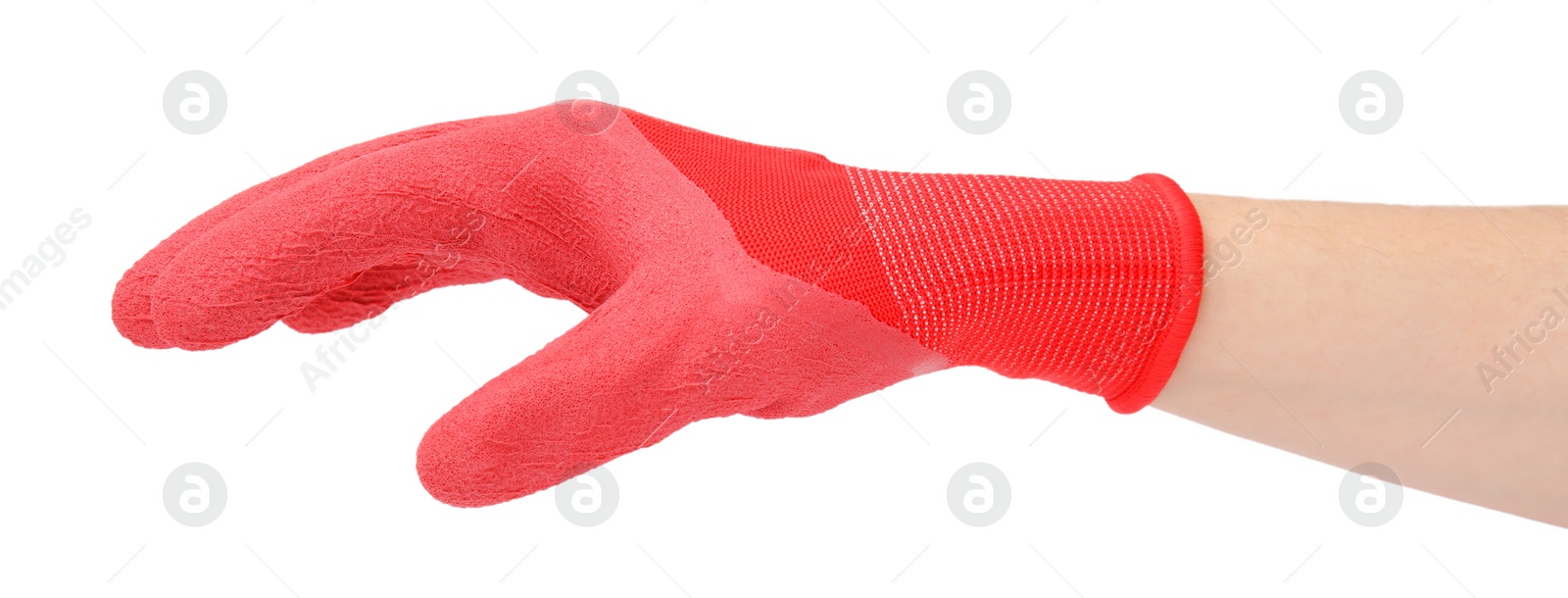 Photo of Woman in gardening glove on white background, closeup