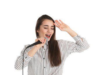 Photo of Young woman wearing casual clothes singing in microphone on white background