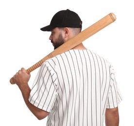 Man in stylish black baseball cap holding bat on white background, back view