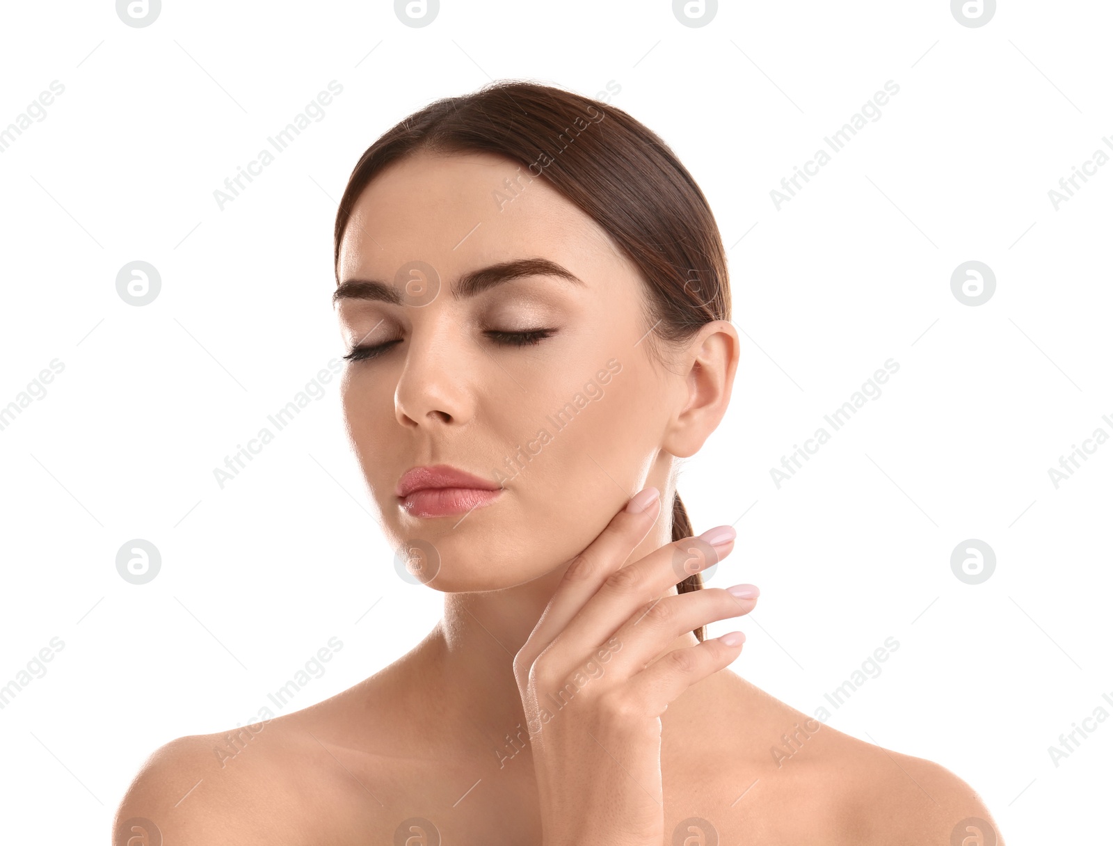 Photo of Portrait of young woman with perfect smooth skin on white background. Beauty and body care