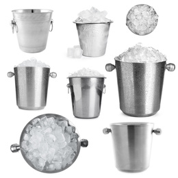 Image of Set of different metal buckets with ice cubes on white background