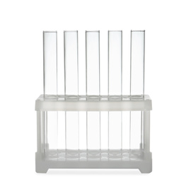 Photo of Empty test tubes in rack isolated on white. Laboratory glassware