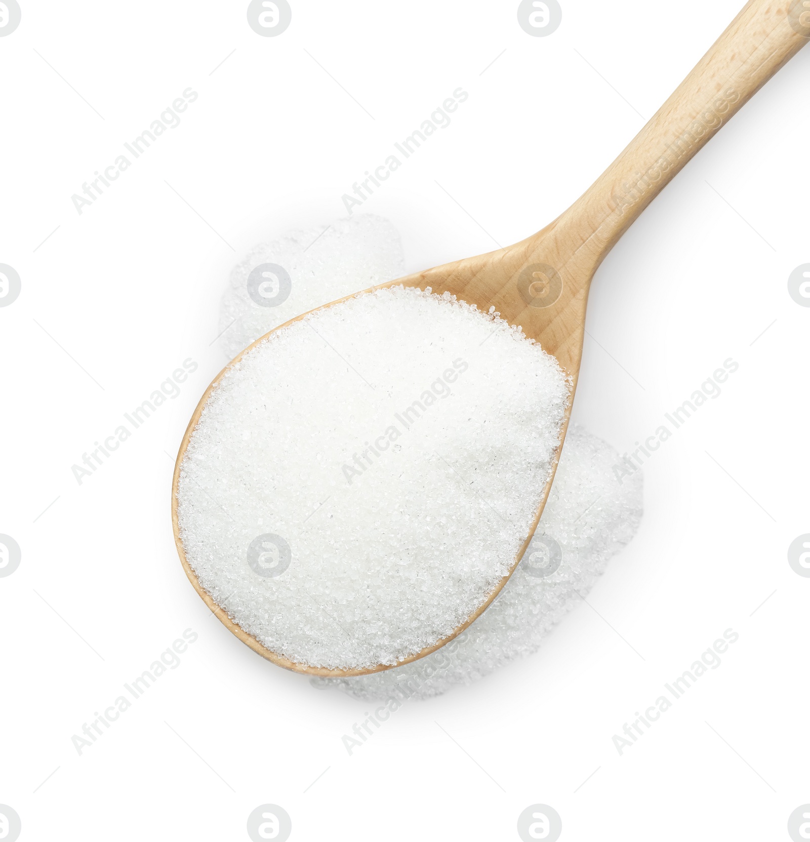 Photo of Spoon with sugar isolated on white, top view