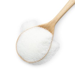 Photo of Spoon with sugar isolated on white, top view