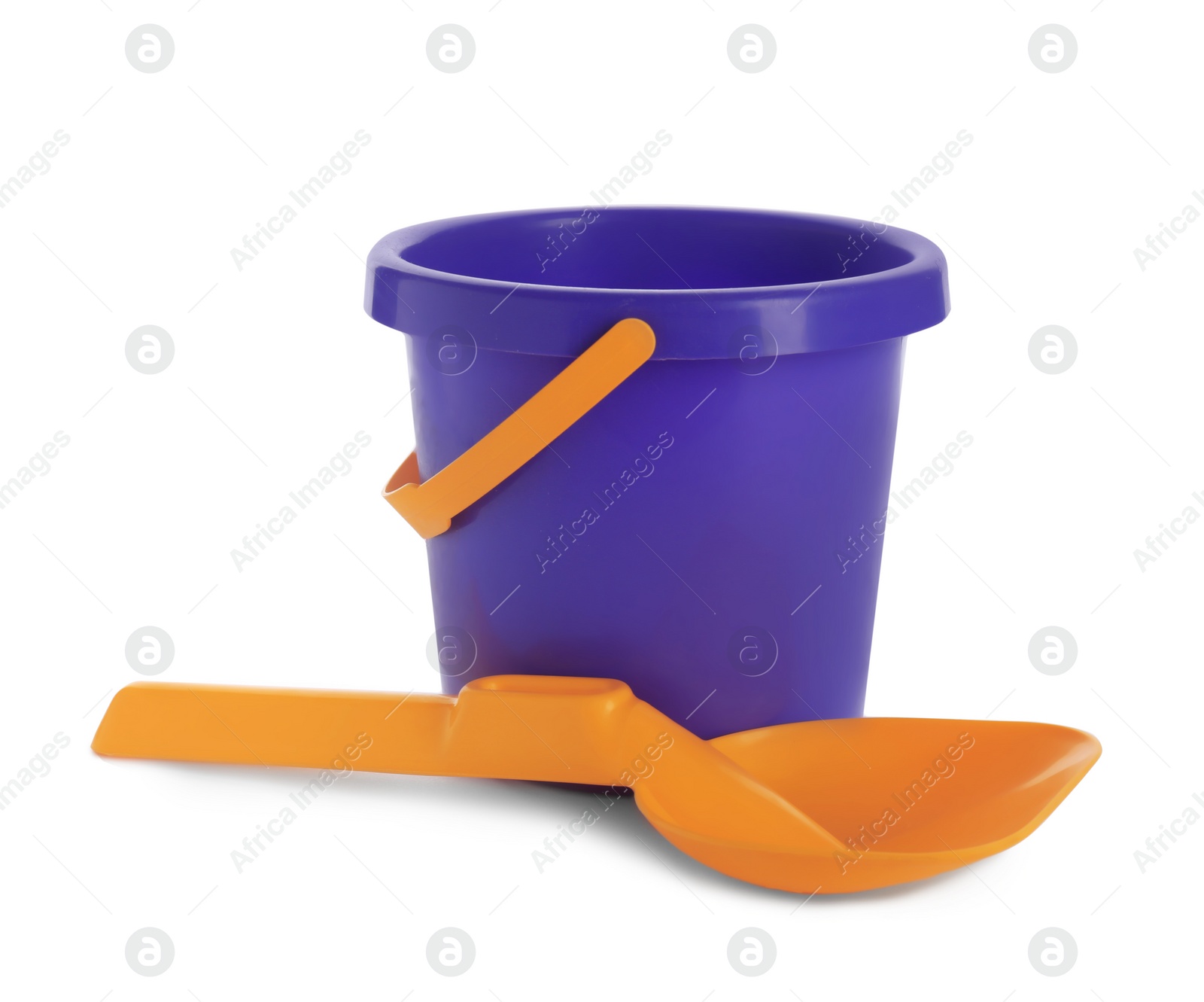 Photo of Toy bucket for sand and shovel on white background