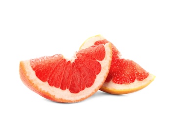 Photo of Slices of ripe juicy grapefruit on white background