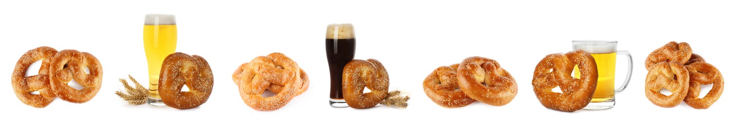 Image of Set with tasty freshly baked pretzels and beer on white background. Banner design