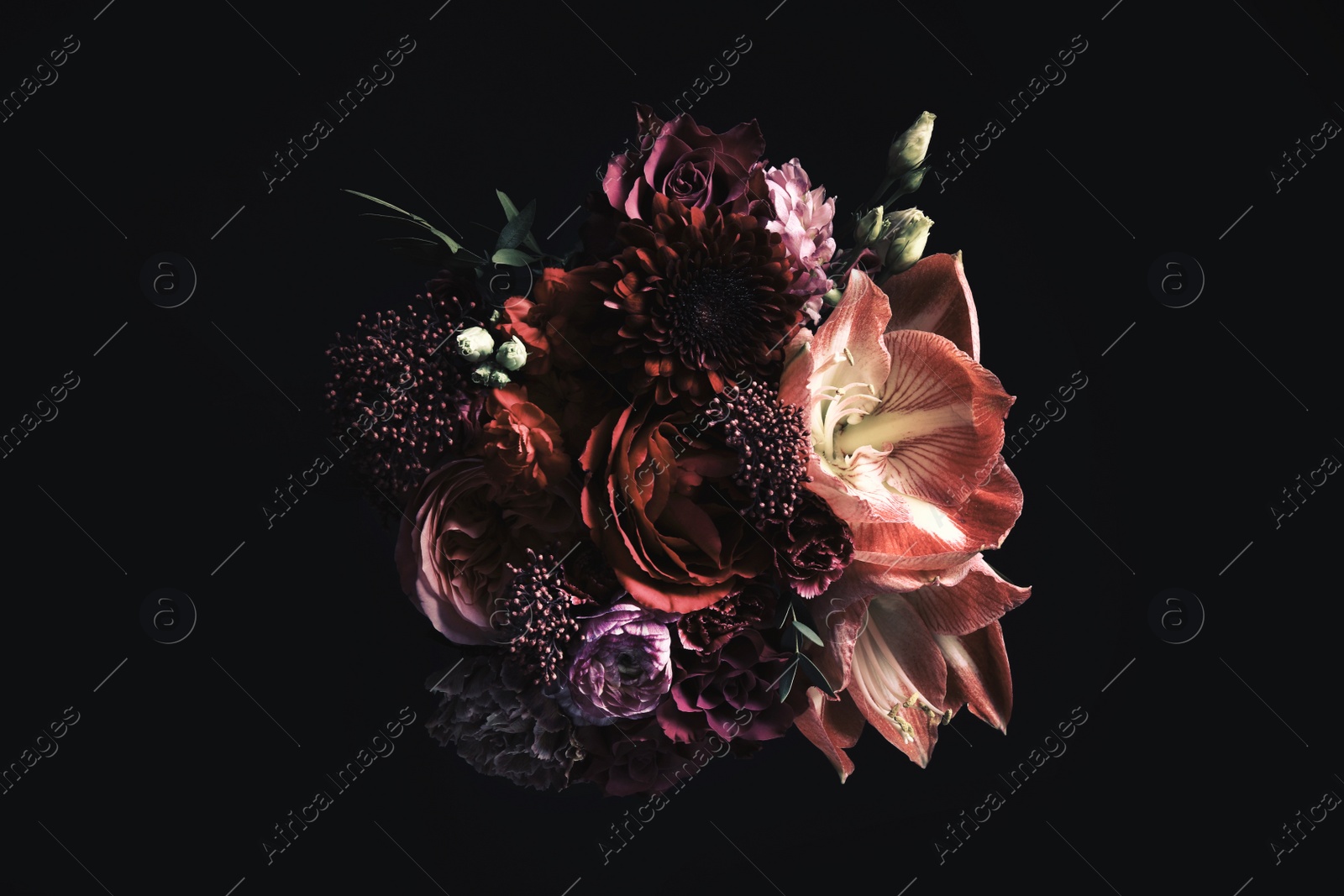 Photo of Beautiful bouquet of different flowers on black background. Floral card design with dark vintage effect