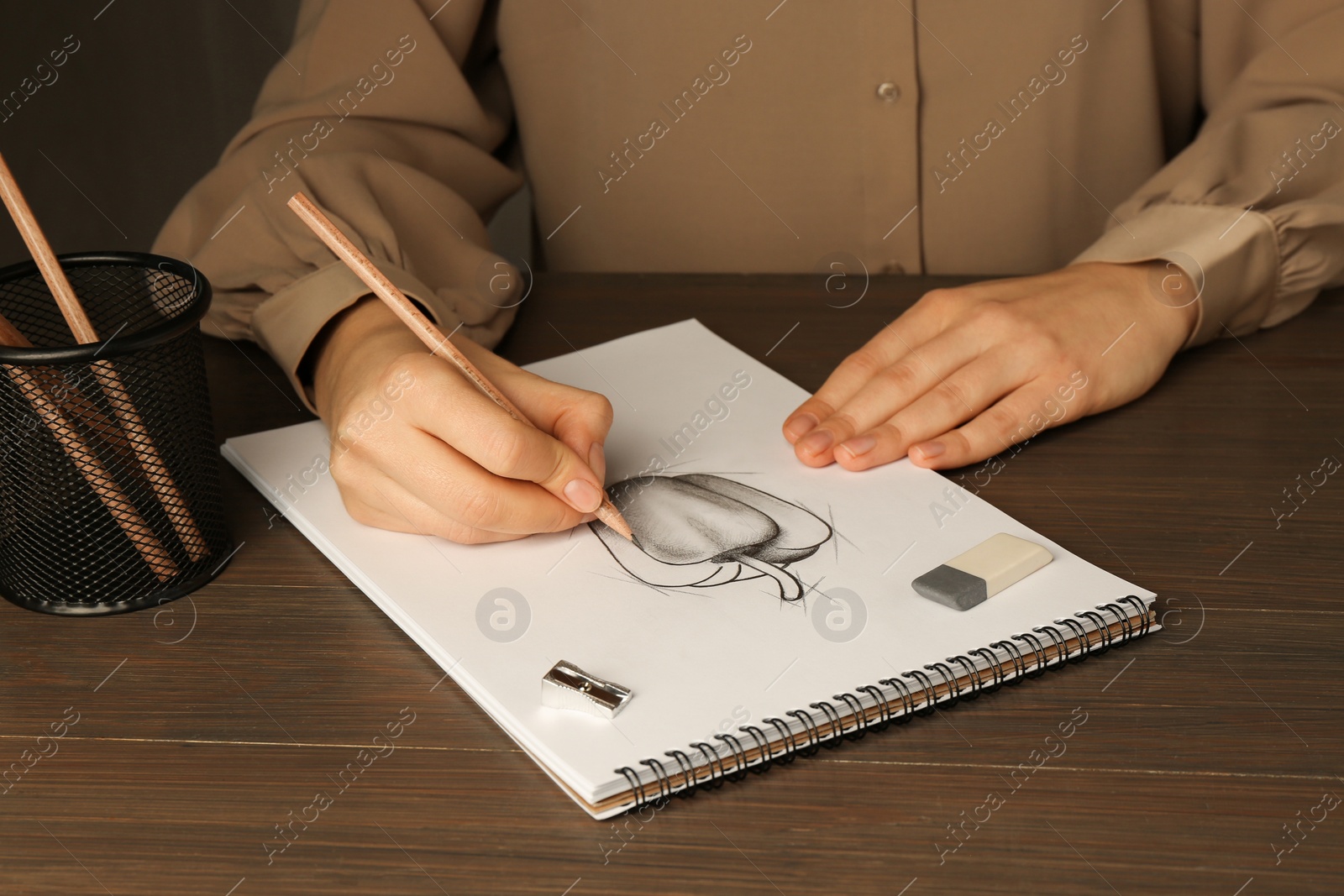 Photo of Woman drawing bell pepper with graphite pencil at wooden table, closeup