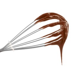 Photo of Chocolate cream dripping from whisk isolated on white