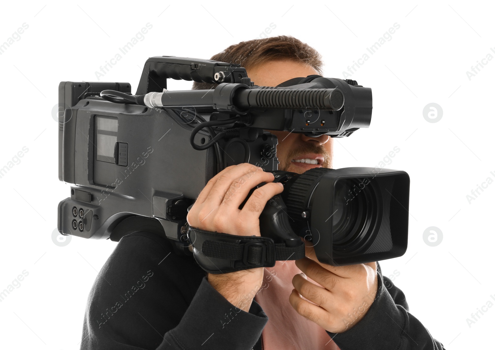 Photo of Operator with professional video camera on white background