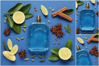 Image of Beautiful collage with photos of luxury perfume and ingredients represent its fragrance notes on blue background, top view