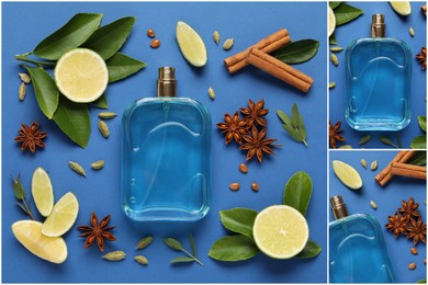 Beautiful collage with photos of luxury perfume and ingredients represent its fragrance notes on blue background, top view