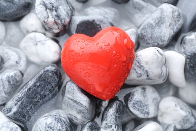 Photo of Red decorative heart on stones and water, top view