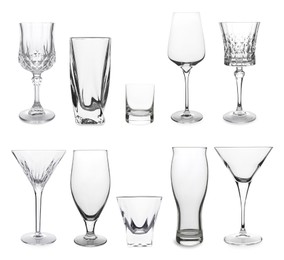 Image of Collage with different empty glasses on white background