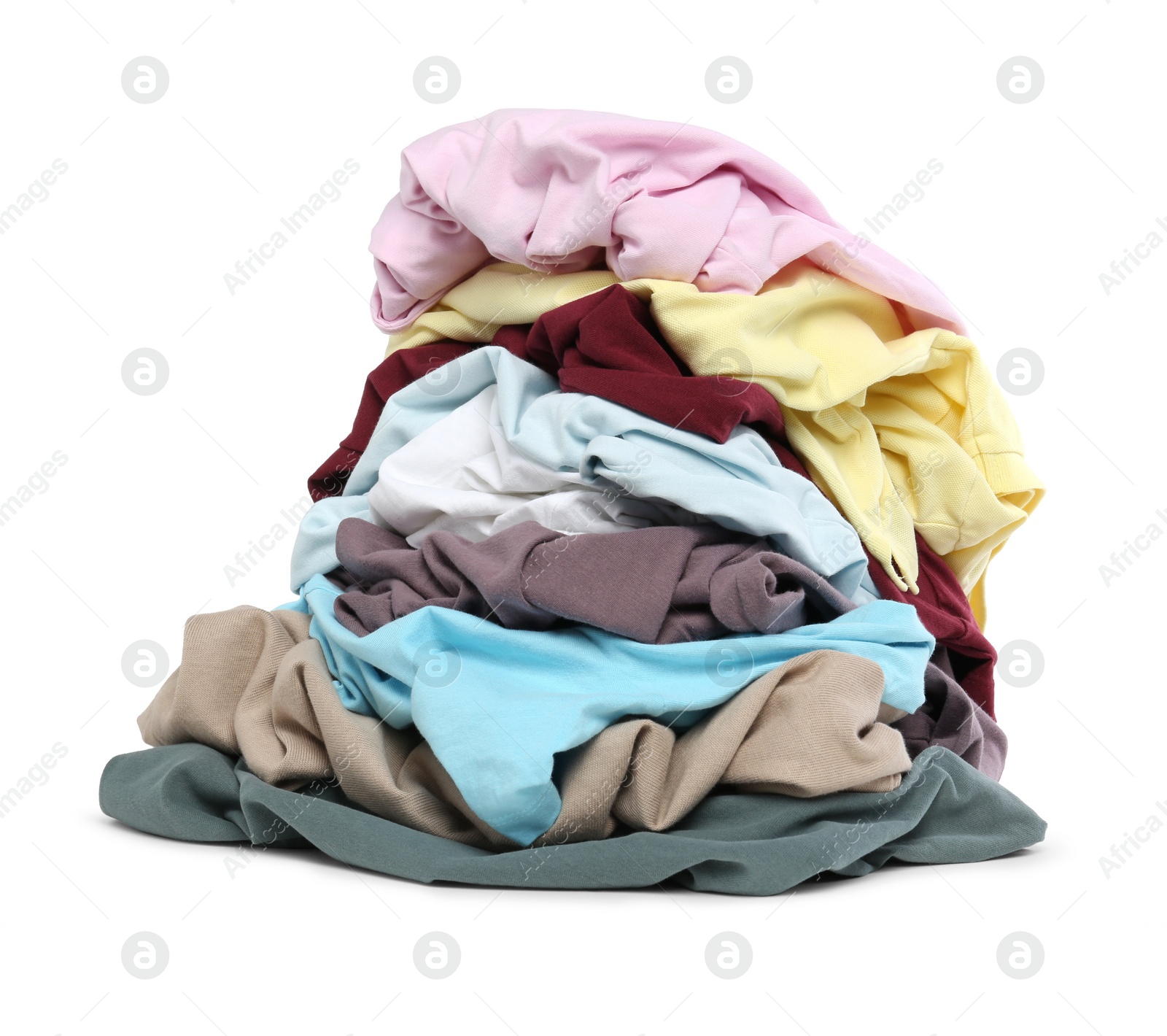 Photo of Pile of colorful clothes isolated on white