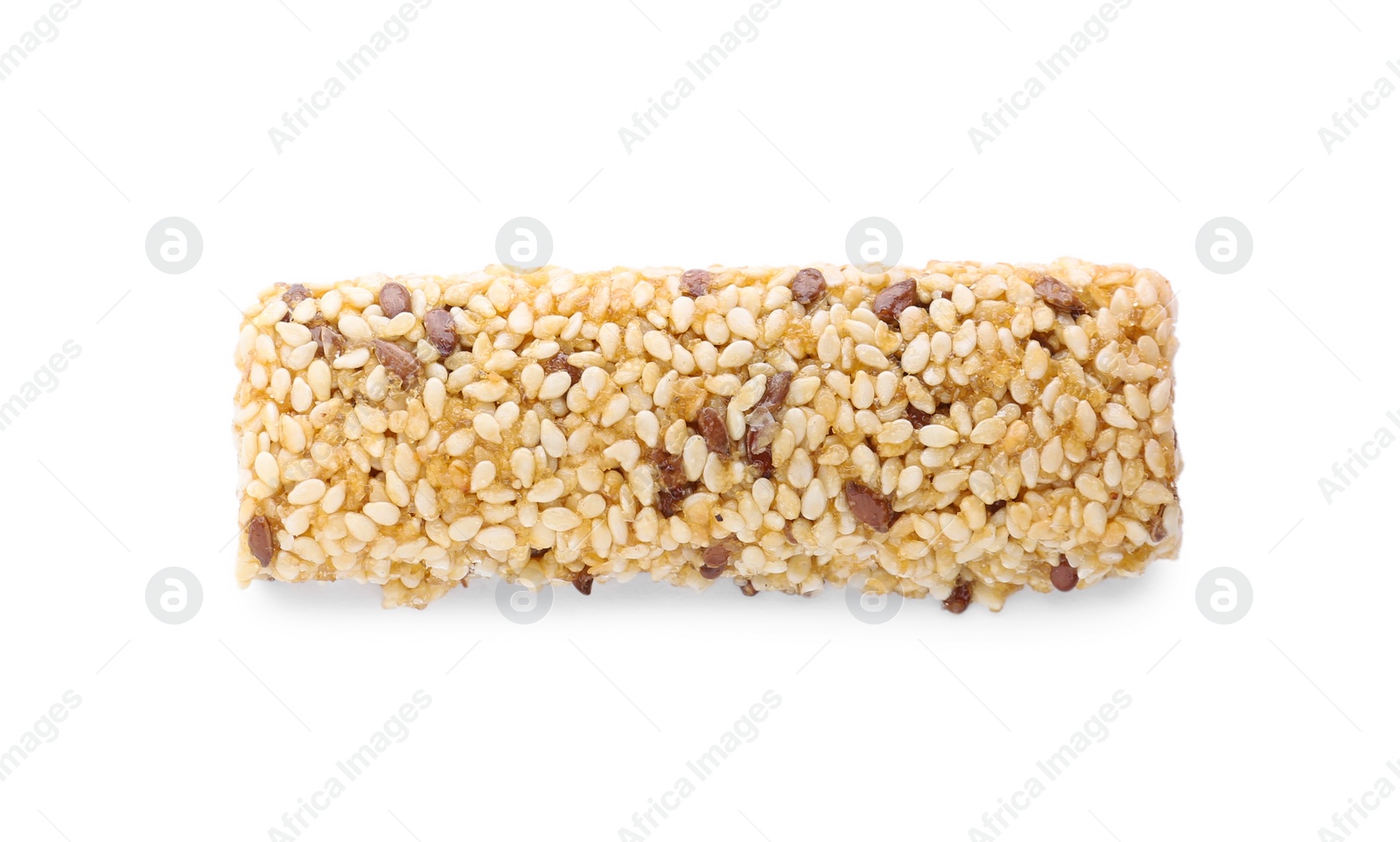 Photo of Tasty sesame seed bar isolated on white