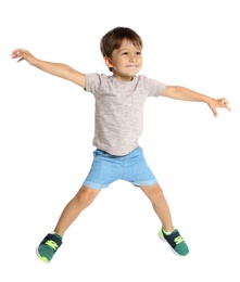 Photo of Full length portrait of cute little boy on white background