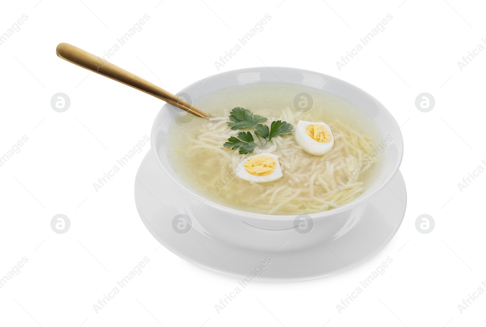 Photo of Tasty soup with noodles, egg and parsley in bowl isolated on white