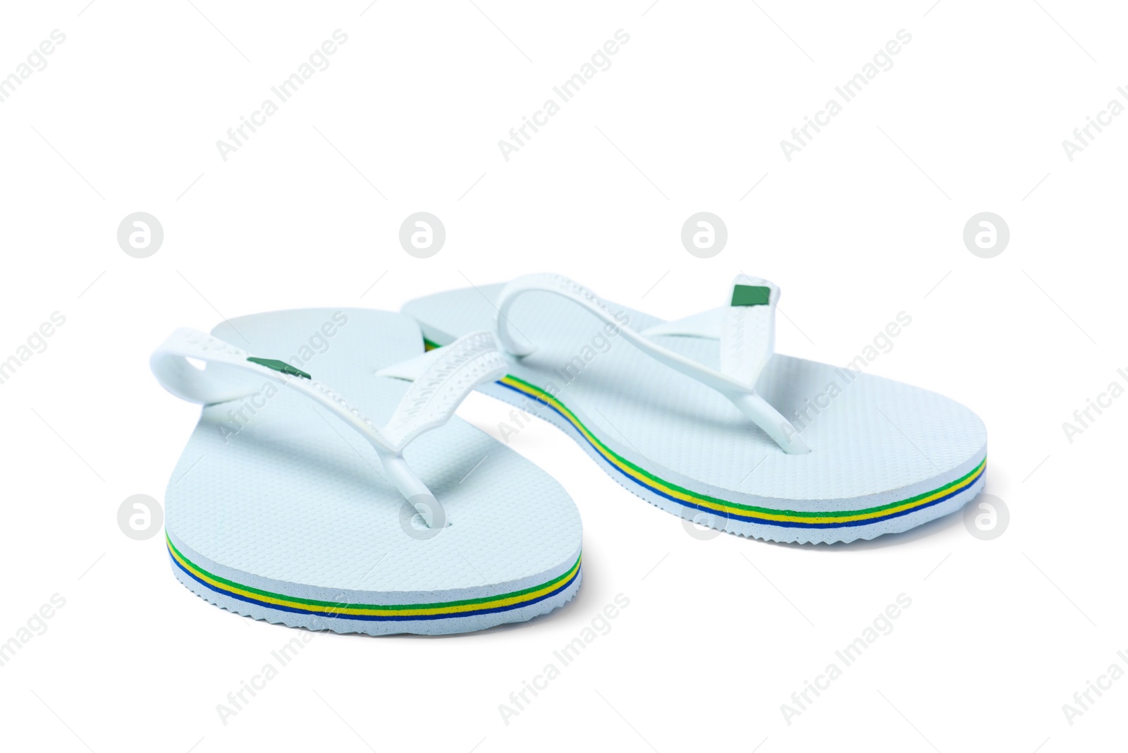 Photo of Pair of stylish flip flops isolated on white