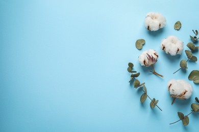 Fluffy cotton flowers and green leaves on light blue background, flat lay. Space for text