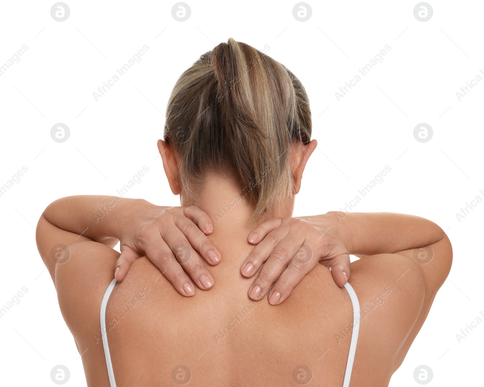 Photo of Woman suffering from pain in her neck on white background, back view