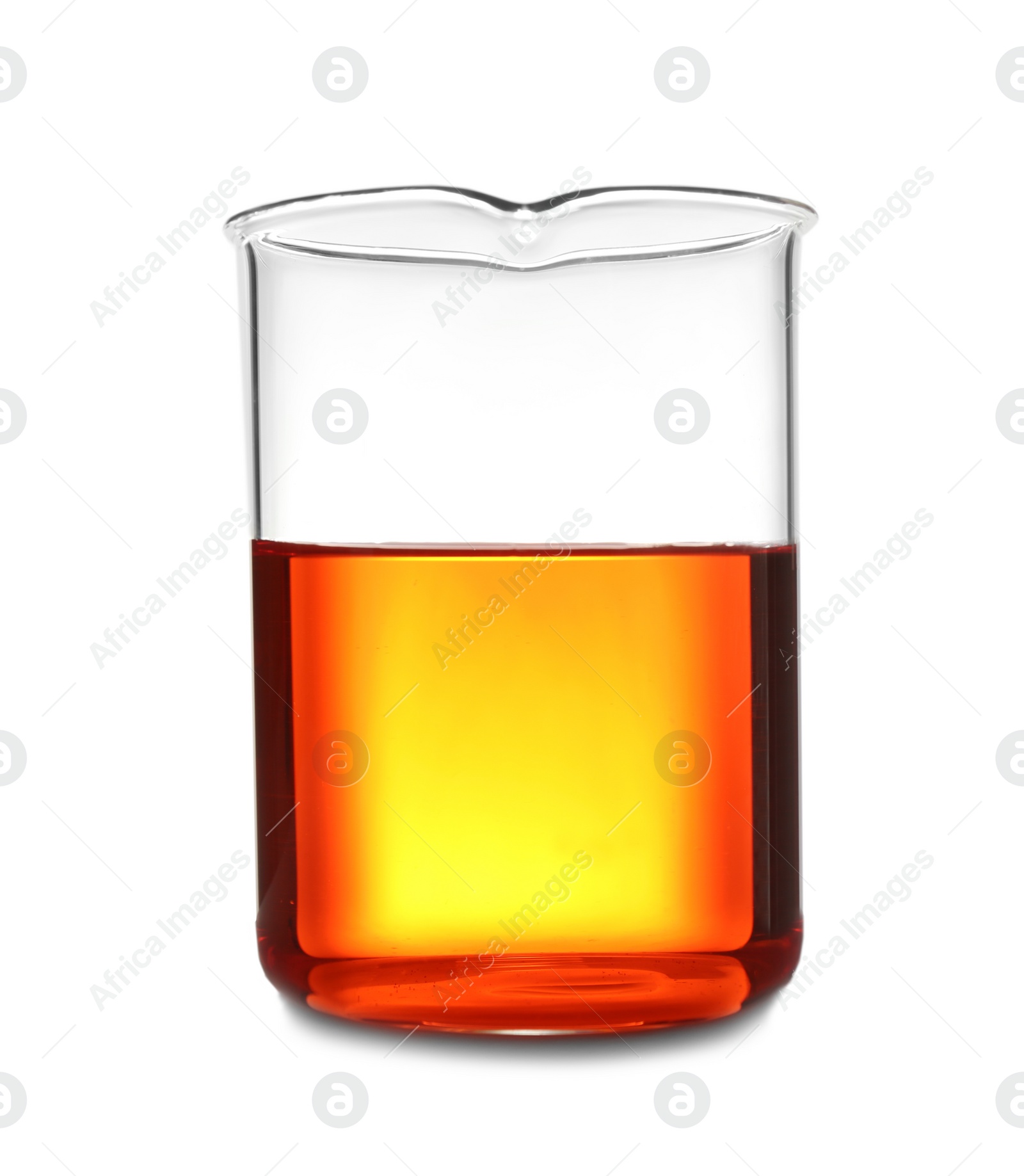 Photo of Laboratory glassware with color sample on white background. Solution chemistry