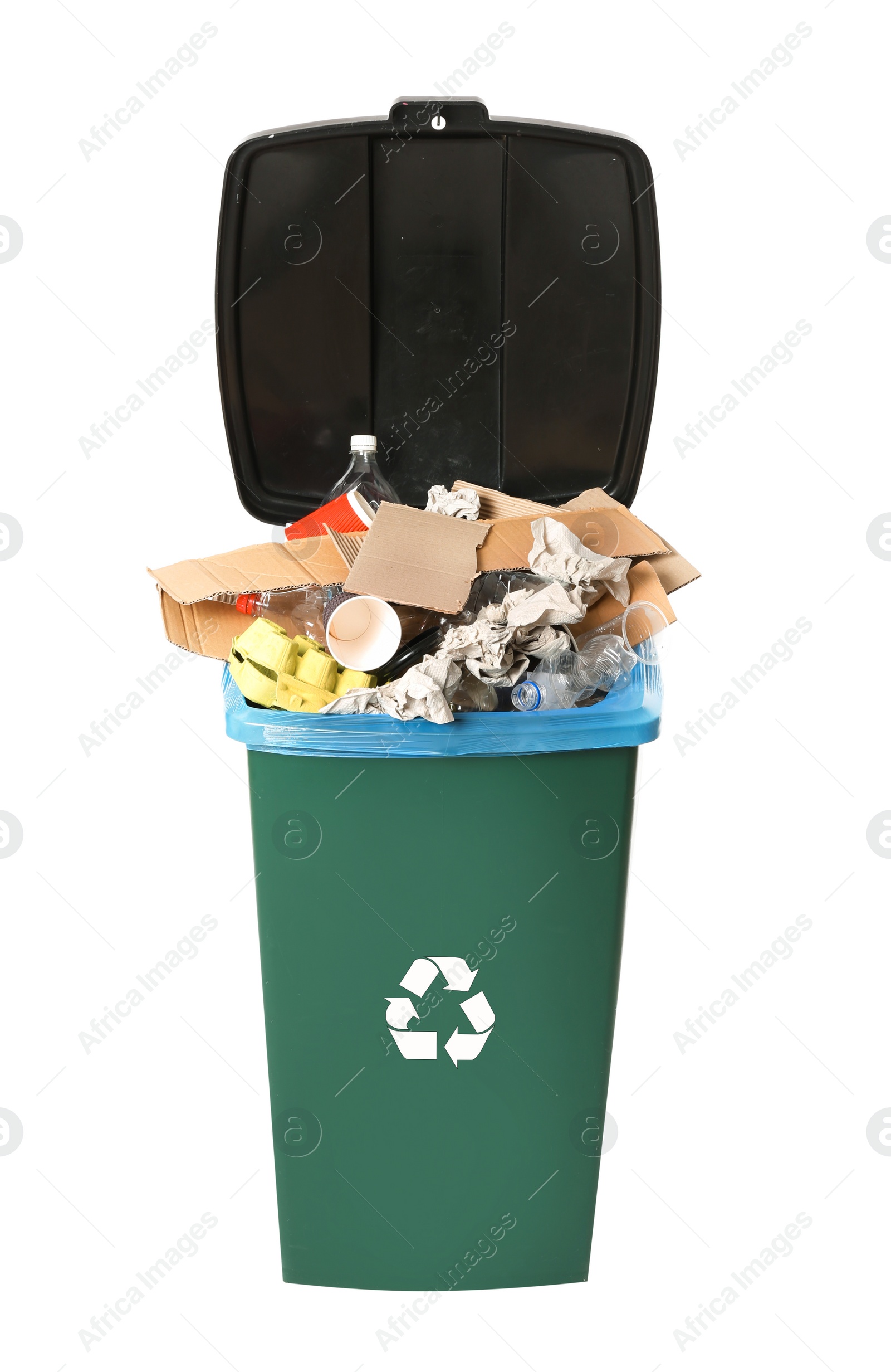 Photo of Trash bin with garbage on white background. Waste recycling