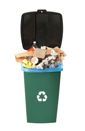 Trash bin with garbage on white background. Waste recycling