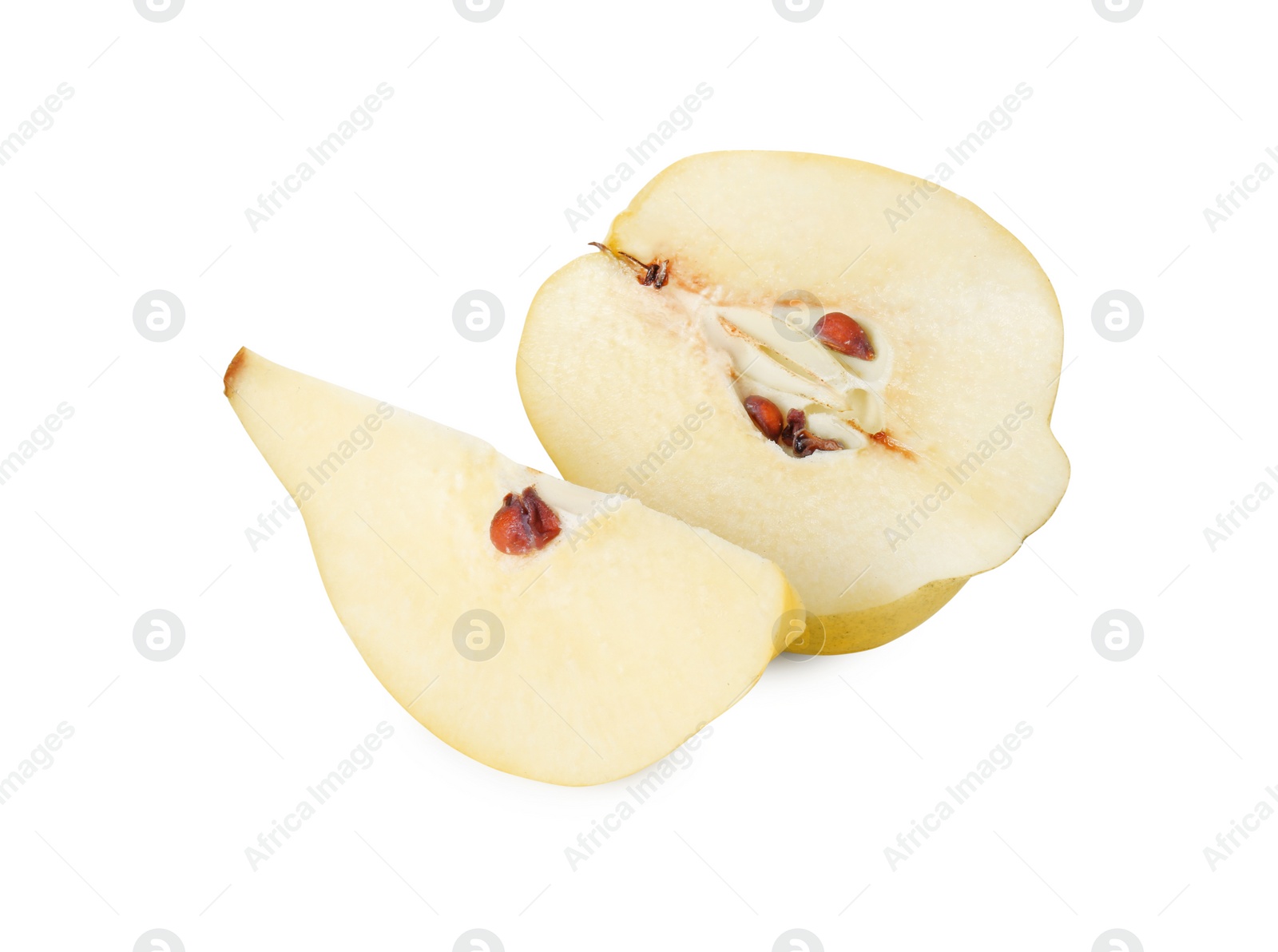 Photo of Pieces of fresh ripe quince isolated on white