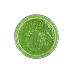 Photo of Fresh green juice in glass isolated on white, top view