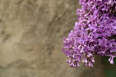 Photo of Beautiful lilac flowers on stone background, closeup. Space for text