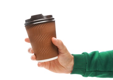 Man holding takeaway paper coffee cup on white background