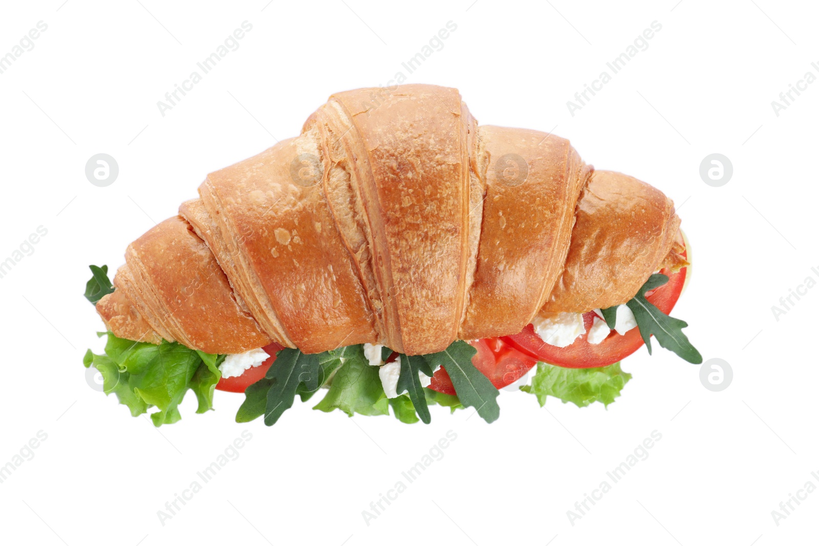 Photo of Tasty croissant sandwich with feta cheese and tomato isolated on white, top view