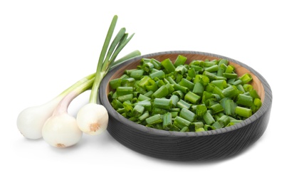 Photo of Bowl with chopped green onion and stems on white background