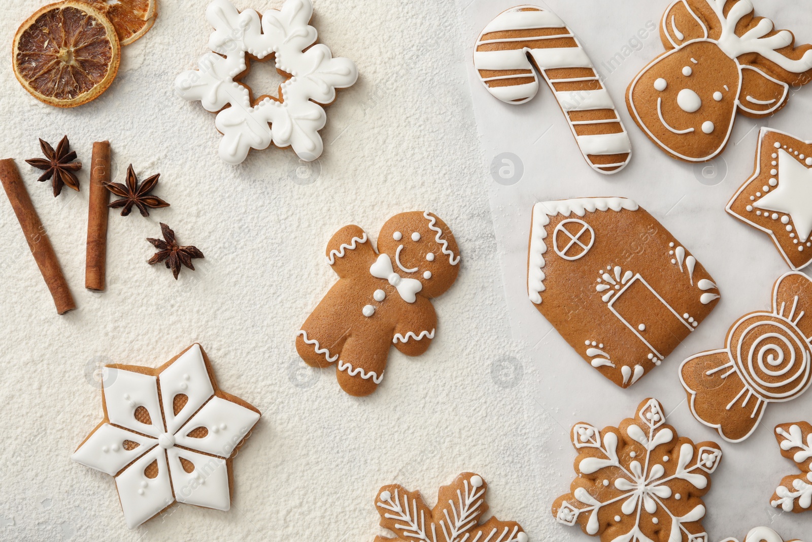 Photo of Flat lay composition with delicious homemade Christmas cookies on white table