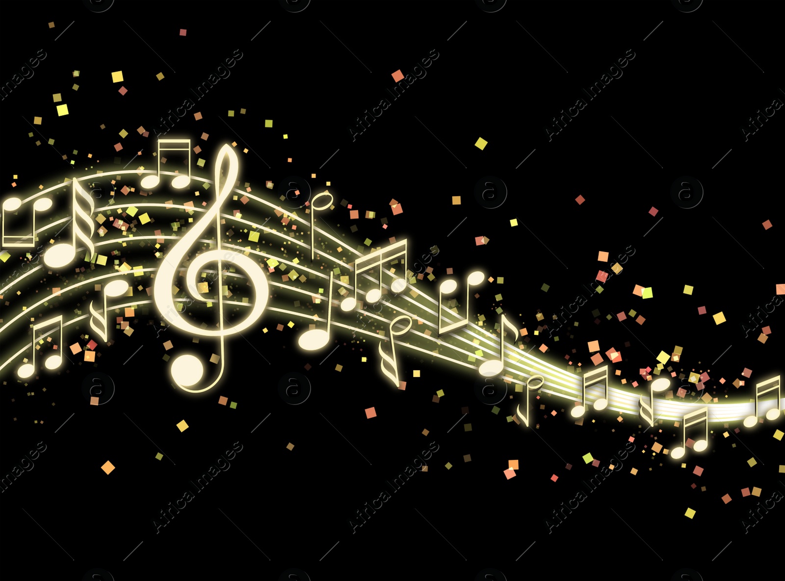 Illustration of Staff with music notes and treble clef on black background