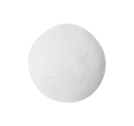 Photo of Drop of fluffy soap foam isolated on white, top view