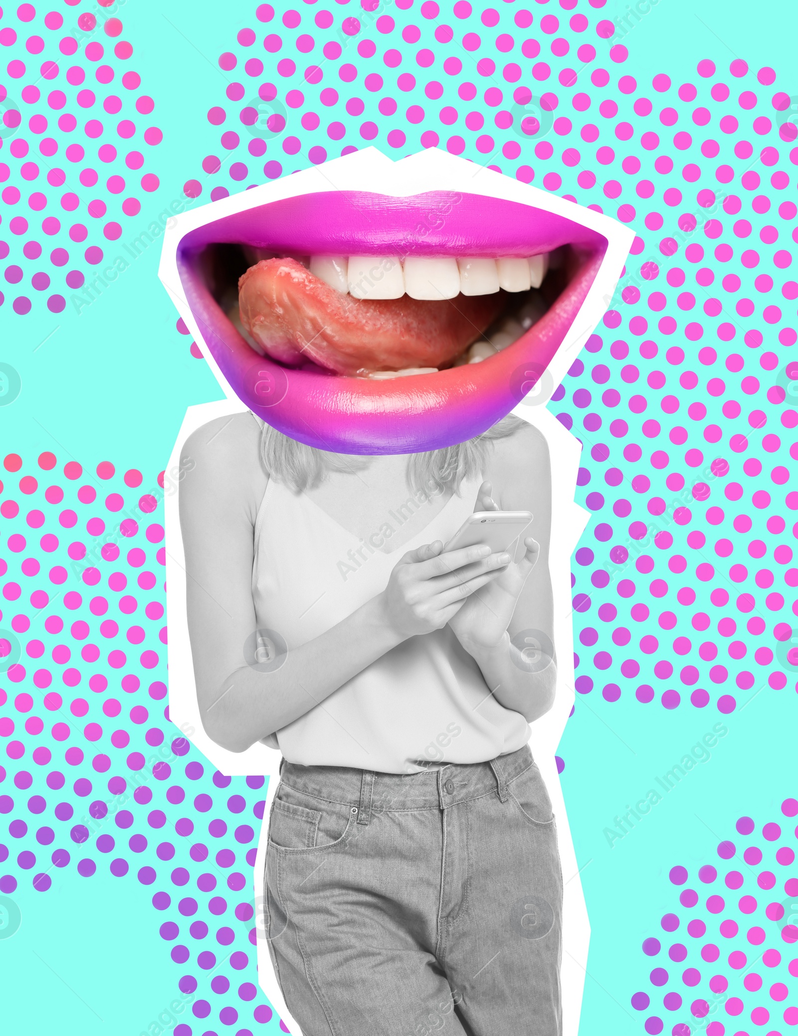 Image of Stylish art collage. Woman with mouth instead of head on turquoise background