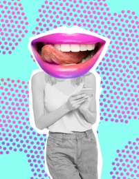 Image of Stylish art collage. Woman with mouth instead of head on turquoise background