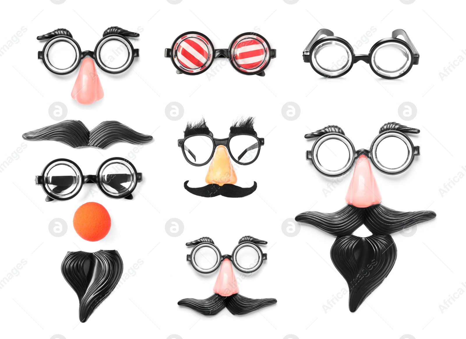 Image of Set with different funny glasses on white background. Clown's accessories