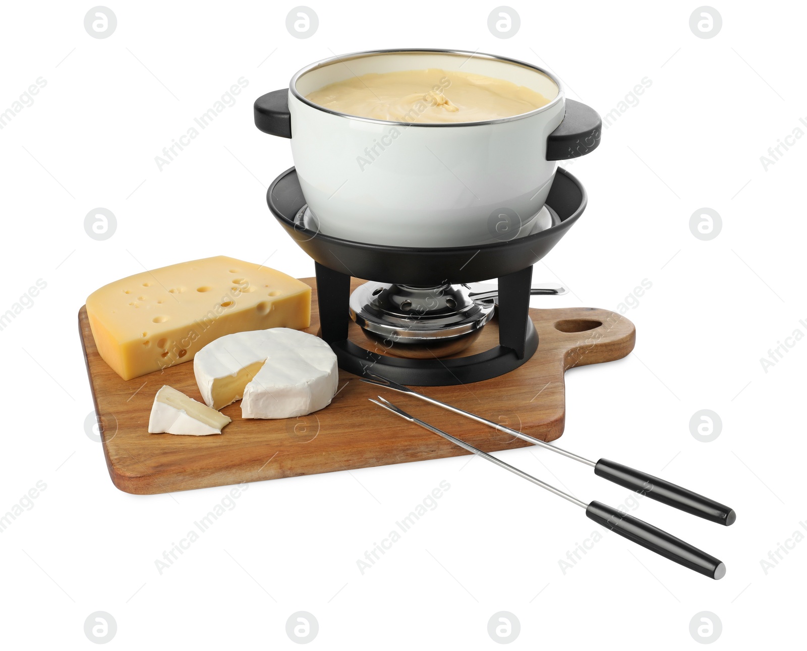 Photo of Fondue with tasty melted cheese, forks and pieces isolated on white