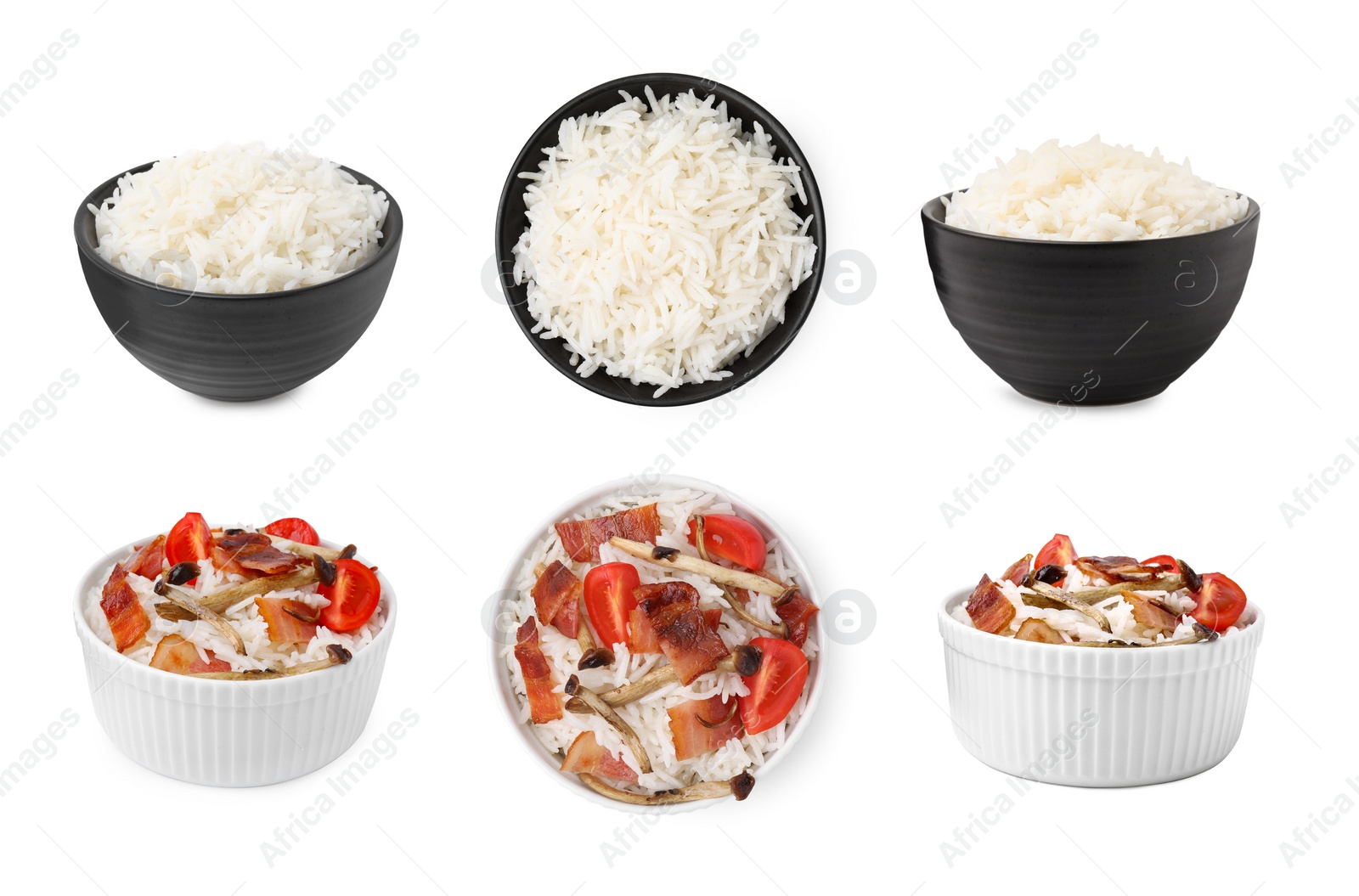 Image of Set with tasty rice in bowls isolated on white, top and side views