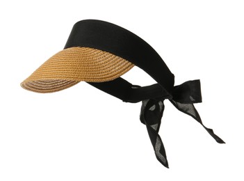 Photo of Stylish straw visor cap with black ribbon isolated on white