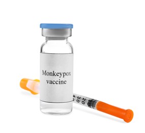 Monkeypox vaccine in vial and syringe on white background