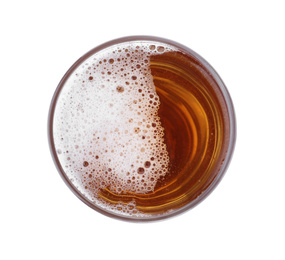 Glass with fresh beer isolated on white, top view