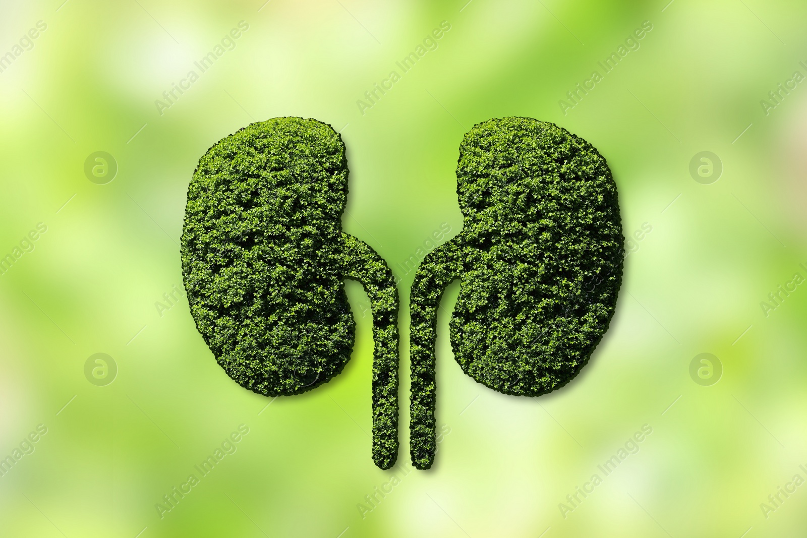 Image of Human kidneys model made of trees with green leaves against blurred background. Health care concept