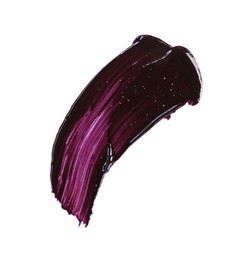 Photo of Stroke of purple lip gloss isolated on white, top view