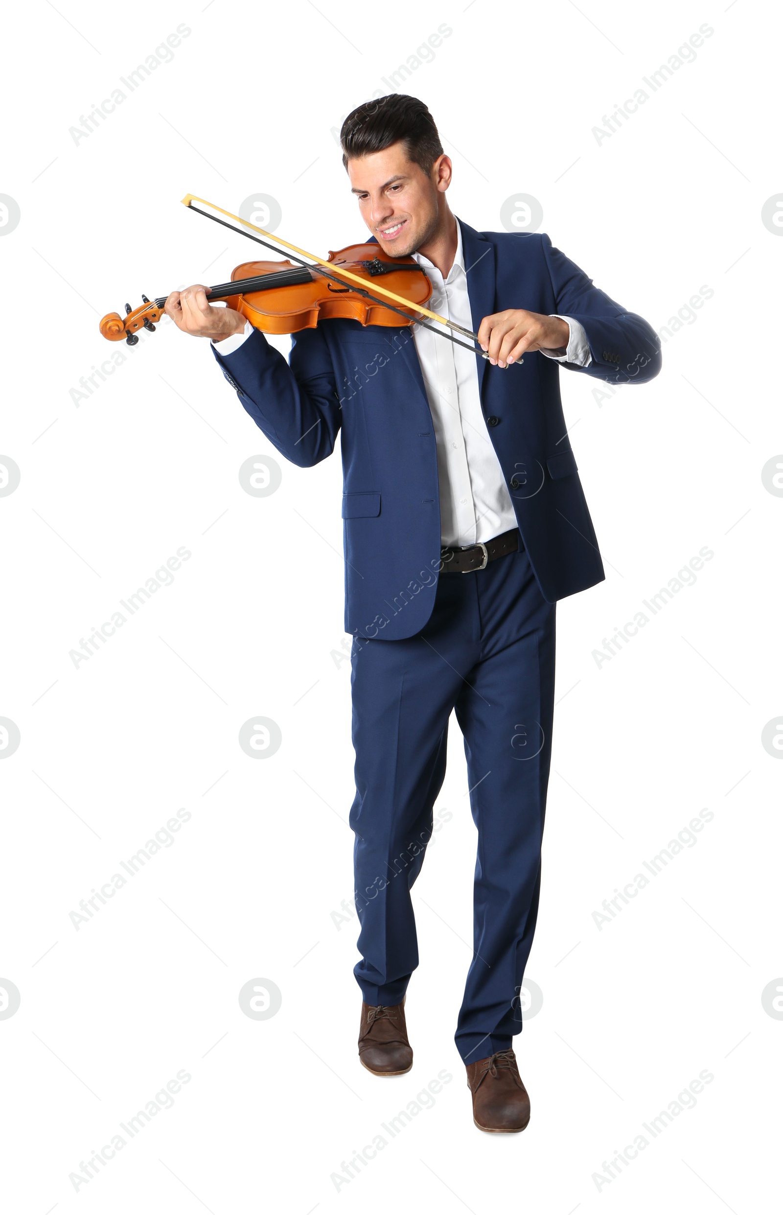 Photo of Happy man playing violin on white background