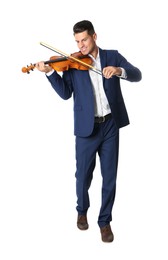 Photo of Happy man playing violin on white background